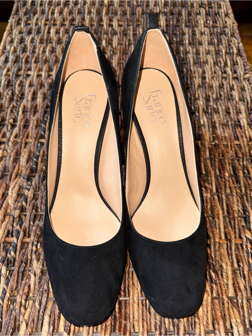Franco Sarto Black Suede Round-Toe Heels